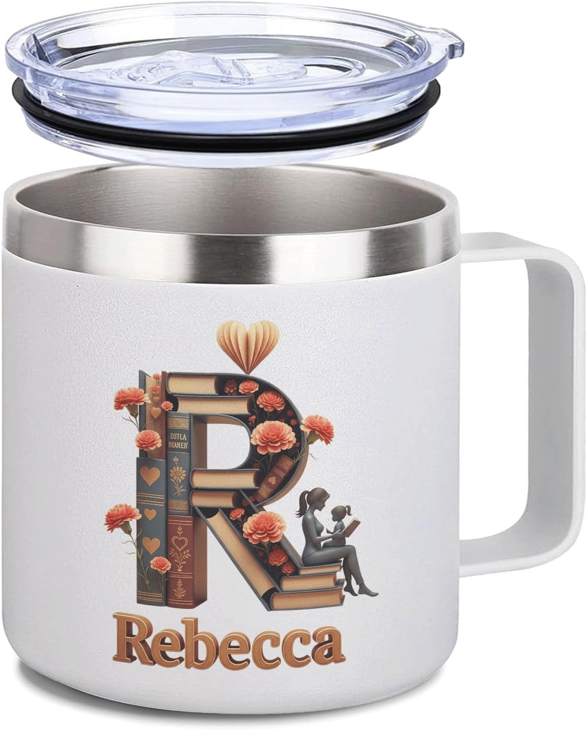 Personalized Book Lover Coffee Mug with Initial & Name - 14oz Insulated Stainless Steel Tumbler with Handle and Lid - Custom Reading Gifts for Women, Her, Bookworms, Librarians