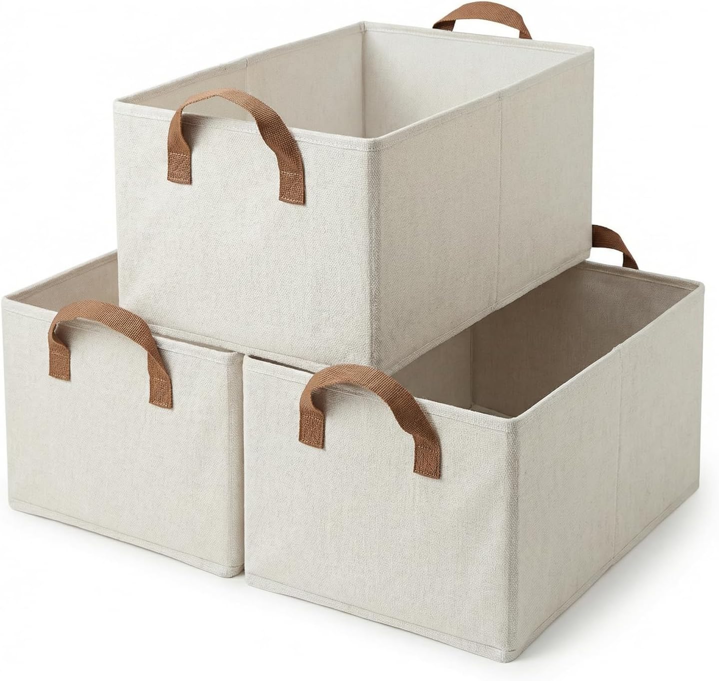 3 Pack Storage Bins Fabric Collapsible Organizers with Handles Sturdy Canvas with PP Board 17.9”x 11”x 7.9” Beige Foldable Storage Box for Closet Shelves, Books, Toys, Clothes, Office Organization
