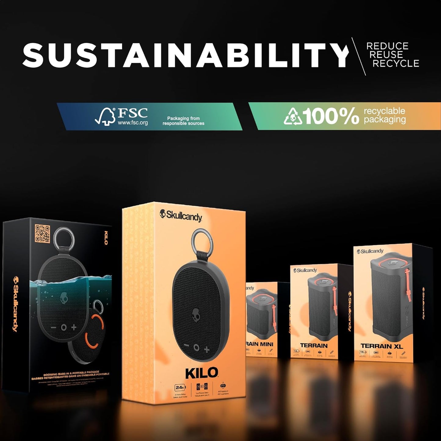 Skullcandy Kilo Wireless Bluetooth Speaker - IPX7 Waterproof Mini Bluetooth Speaker with 24 Hour Battery, Downward Firing Passive Radiator, and True Wireless Pairing - Perfect for Outdoor (Navy)