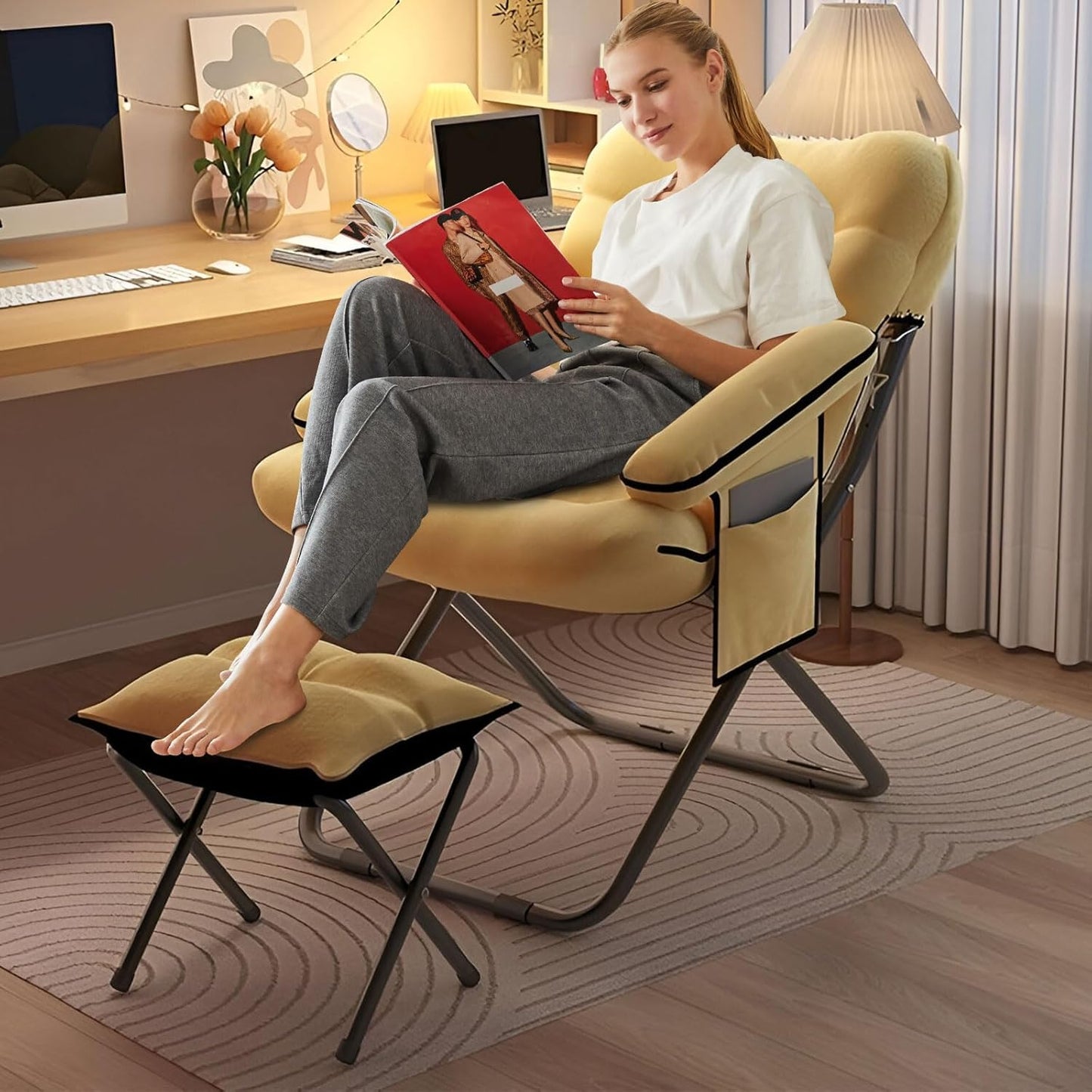 AIZYR Lazy Chair with Ottoman, Folding Lounge Reclining Sofa Chair Sofa Chair Set Reading Chair for Bedroom, Living Room, Dorm Room, Office,Grey
