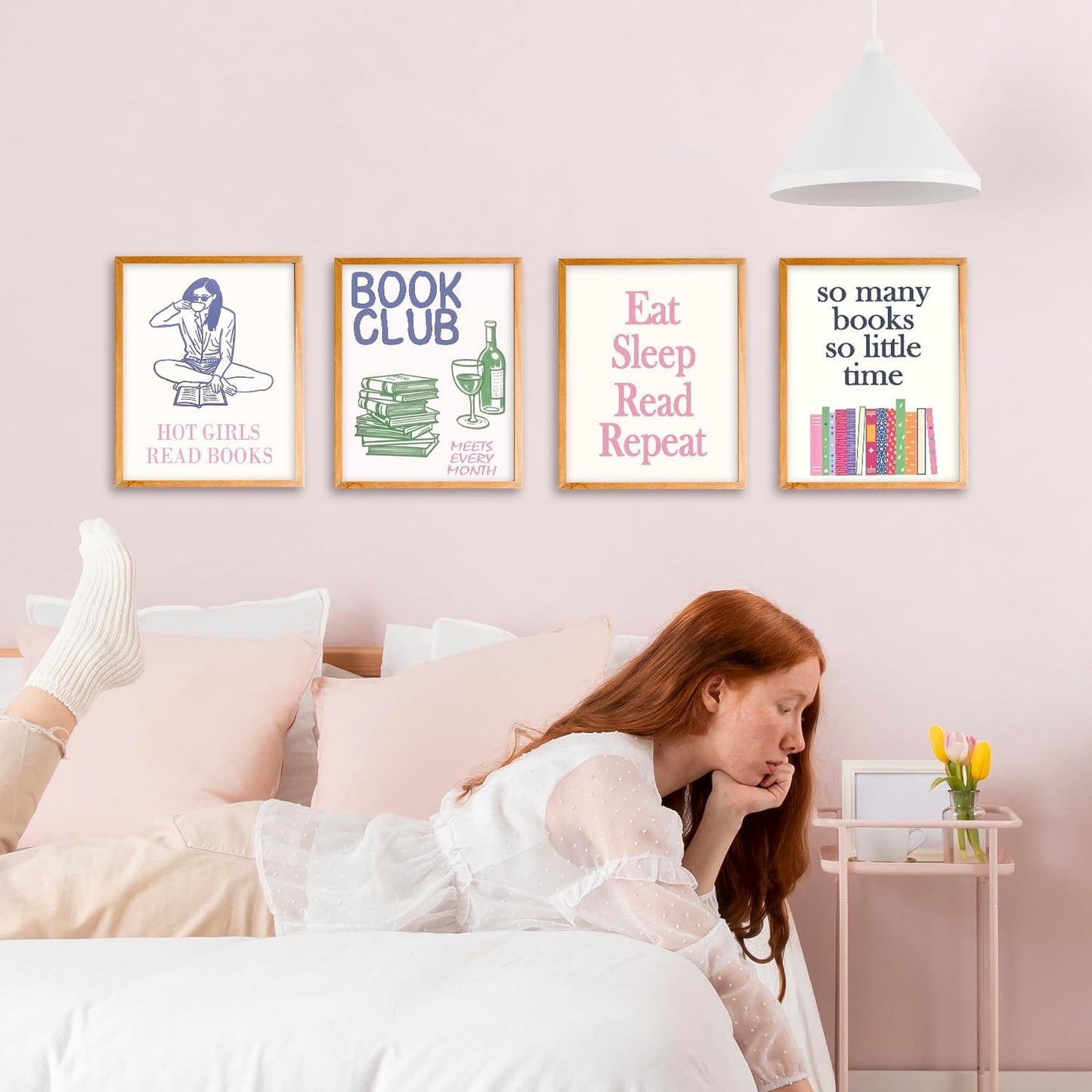 VIIJJUE Book Club Wall Art Decorations Prints Set of 4, Reading Gifts for Women, Book Lover Wall Decor for Home Reading Room Corner Nook Library, 8x10 Inches Unframed