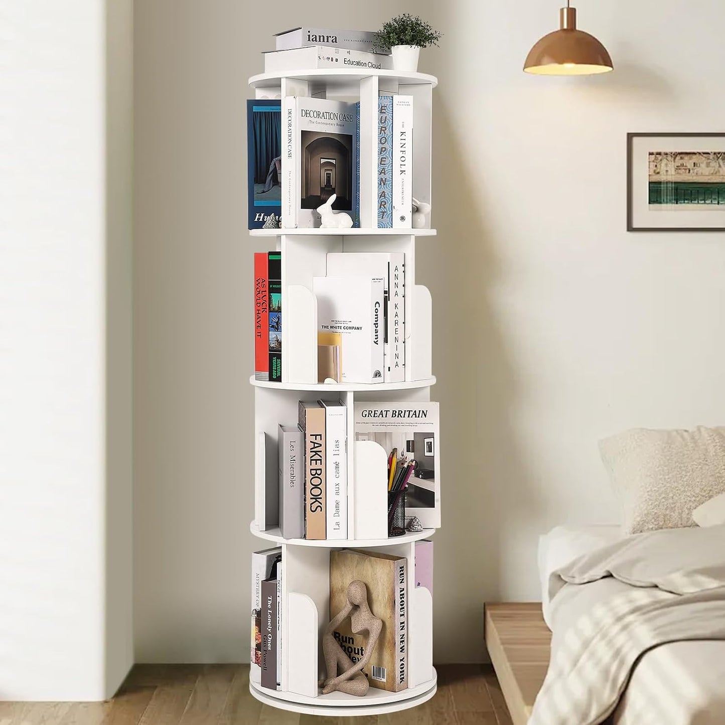 GarveeLife Wooden Rotating Bookshelf 4 Tier, 360° Floor-Standing Bookcase and Multi-Functional Storage Organizer for Living Room, Kids, and Adults White