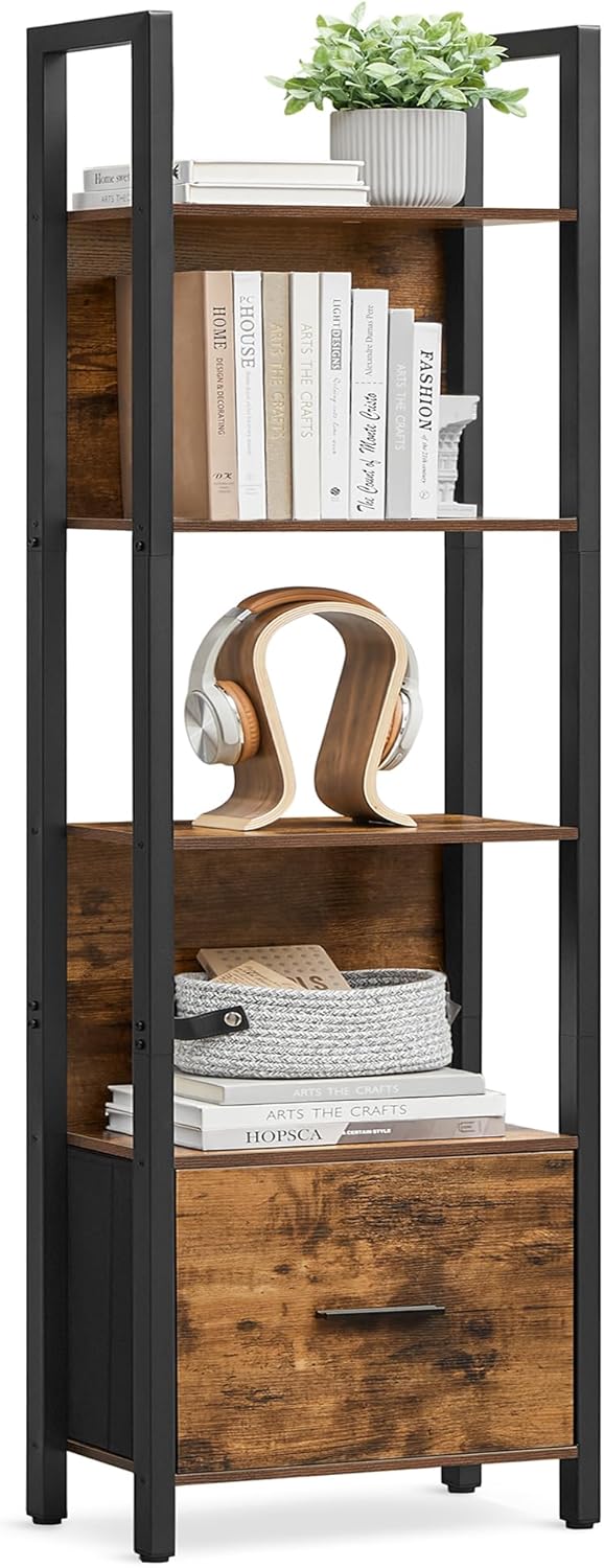 VASAGLE 5-Tier Bookshelf, Book Shelf with Drawer, Industrial Bookcase, with Steel Frame, for Living Room, Home Office, Bedroom, 9.4 x 15.7 x 65 Inches, Rustic Brown and Black ULLS146B01