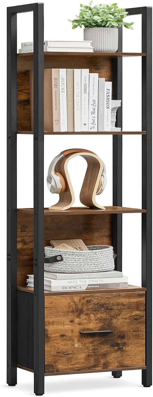 VASAGLE 5-Tier Bookshelf, Book Shelf with Drawer, Industrial Bookcase, with Steel Frame, for Living Room, Home Office, Bedroom, 9.4 x 15.7 x 65 Inches, Rustic Brown and Black ULLS146B01