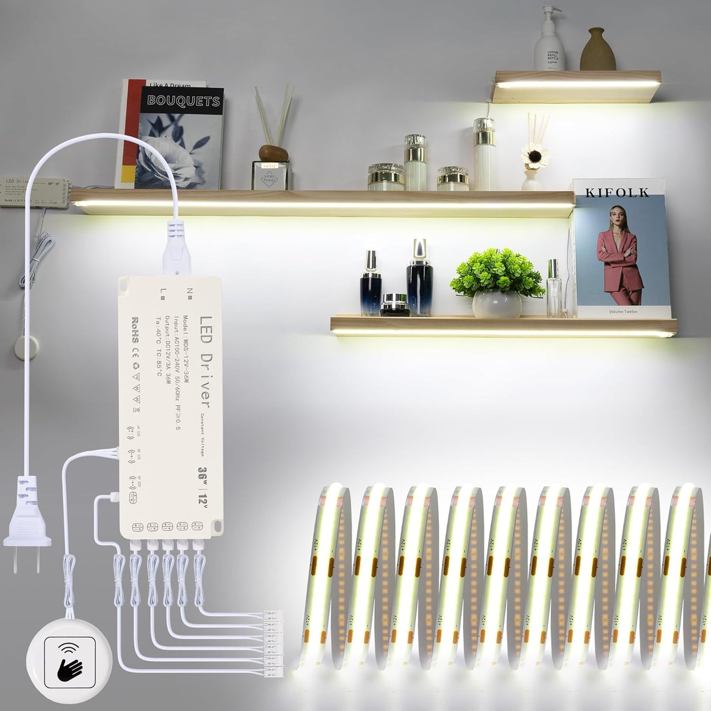 COB Display Light Strips for Shelves, 6000K 16.4ft Plug-in Under Shelf Lighting with Hand-Sweep On/Off, Diffused Power with 6 Output Ports, Shelf Lights for Bookshelf, Gun Safe