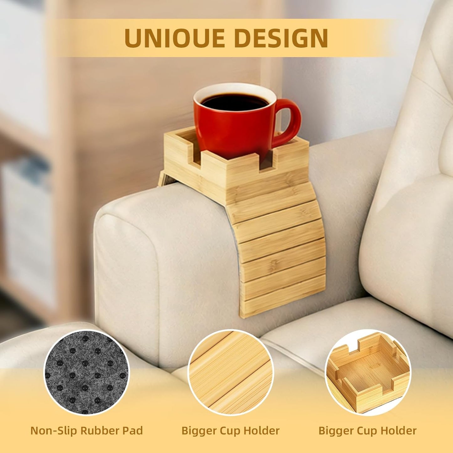 Bamboo Couch Cup Holder & Armrest Tray - Extend Your Comfort with a Secure Drink Slot and Snack Space for Recliner, Loveseat, or Sofa (Large)