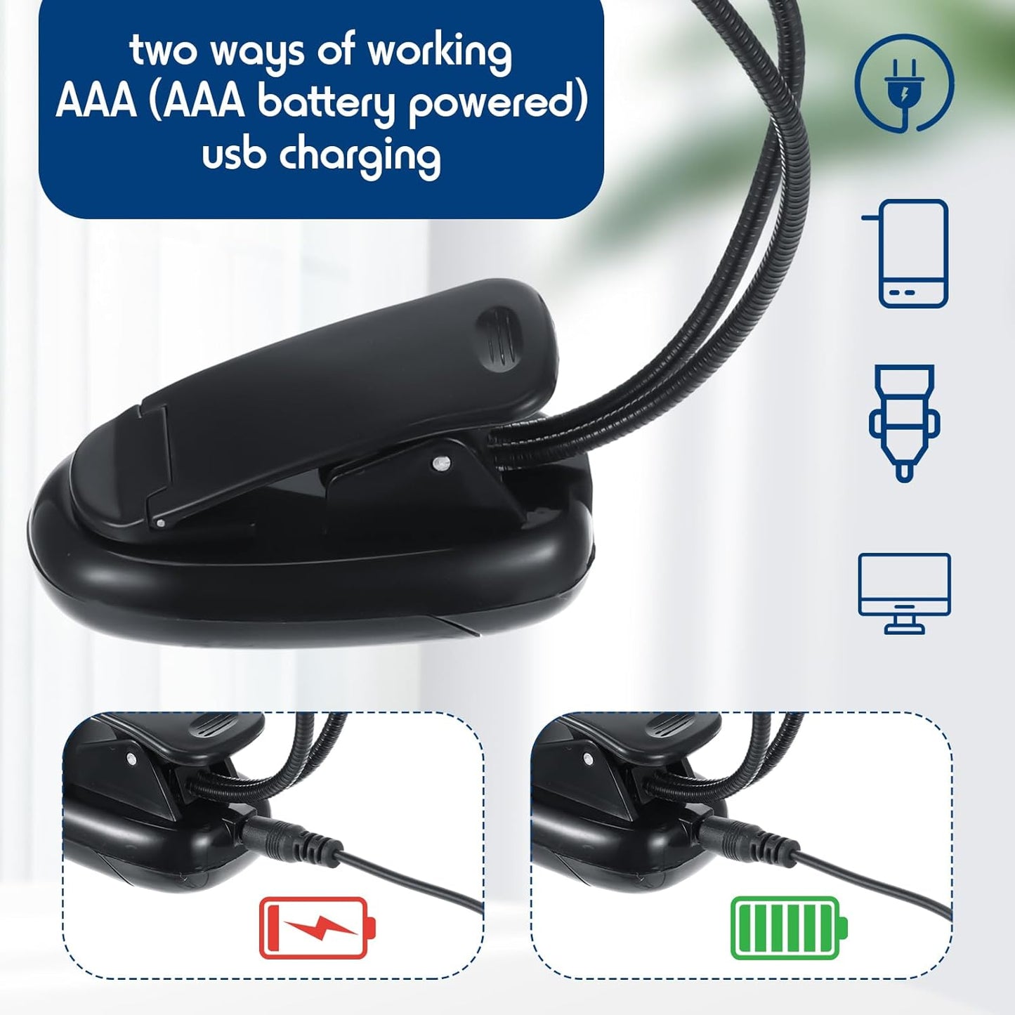 10 Pcs LED Book Light USB and AAA Battery Operated Music Stand Clip on Reading Light 4 Brightness Levels Dual Arm Clip Lamp for Eye Protection Bookworms Orchestra Readers Piano Player