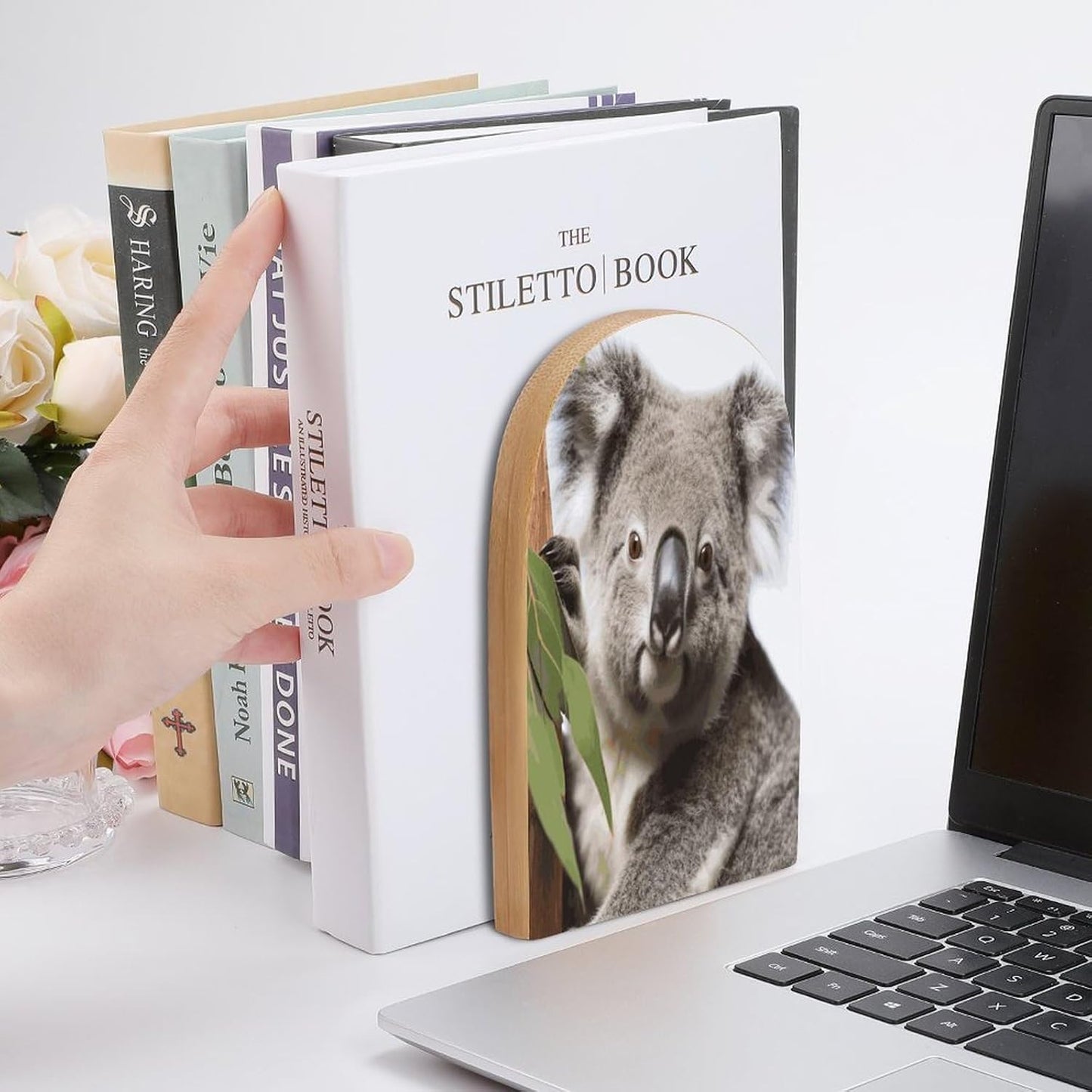 Koala Bear Bookend for Shelves Wooden Book End Large Size Sturdy Book Holders Stoppers with Metal Base for Bookshelves Slick Decorative Bookends Stands