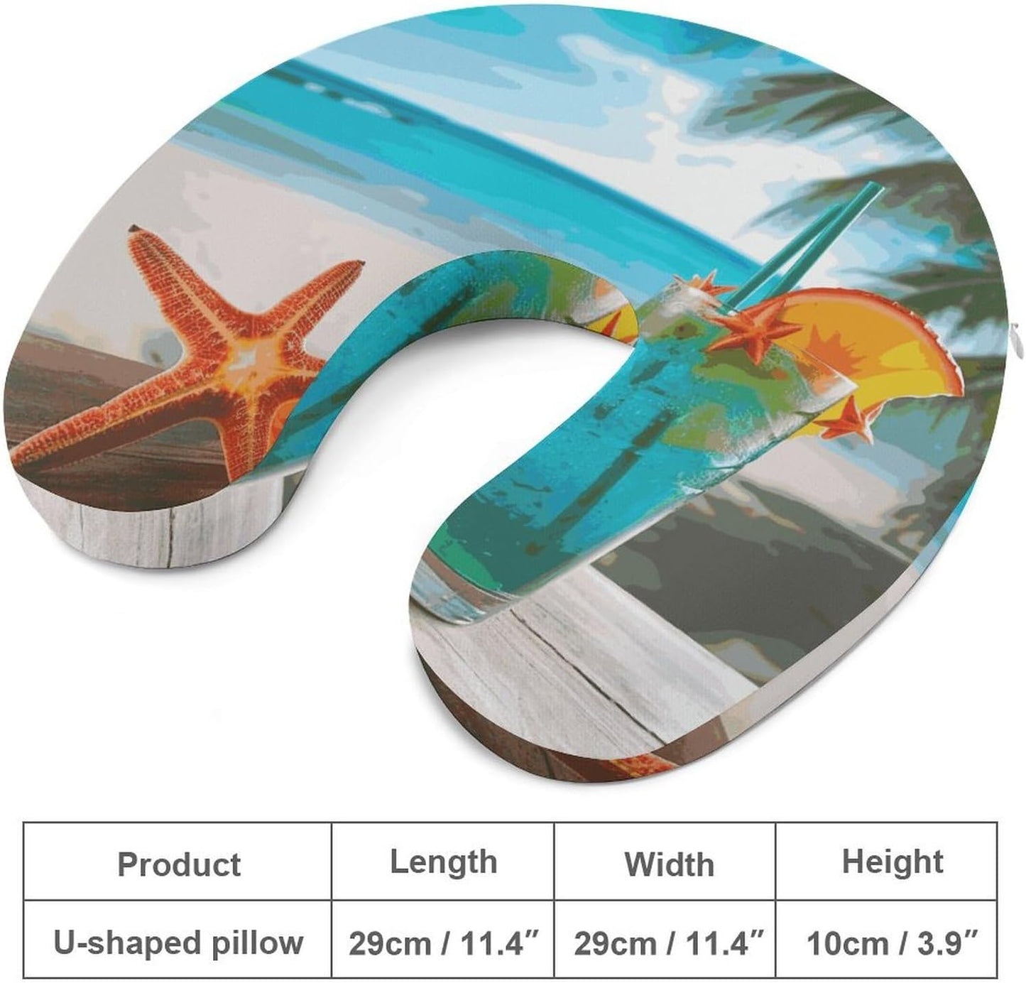 Tropical Cocktail with Starfish Neck Pillow Memory Foam U Shaped Pillows Portable Pillows for Shoulder Travel Head Support Pillow with Concealed Zipper for Airplane Car Home Office