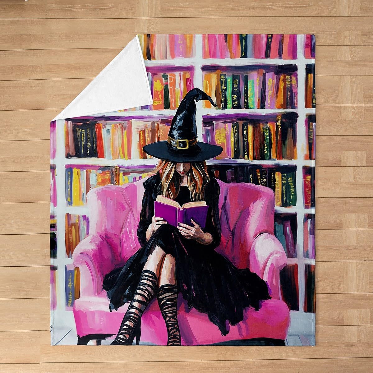 Manfei Witch Reading Flannel Blanket Cartoon Bookshelf Throw Blanket Halloween Theme Cozy Throws for Bed Couch Sofa,Kids Boys Girls Room Decor,Soft and Breathable(60 x 80 Inches)
