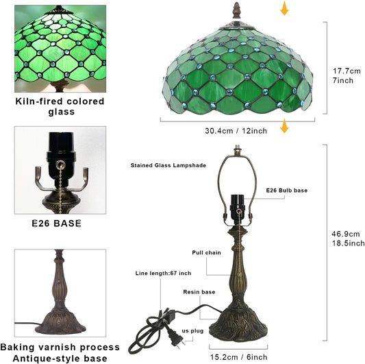 Stained Glass Table Lamp,Green Pearl Style Lamp,12X12X19 Inch Reading Light,Vintage Glass Desk Light for Living Room Bedroom