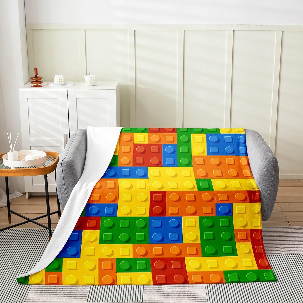 Building Blocks Thermal Insulated Flannel Fleece Throw Blanket,Toy Geometric Rectangle All Season Bed Blanket Fuzzy Blanket for Bed Sofa Couch,Modern Style Bedroom Decor Plush Blanket Twin 60"x80"