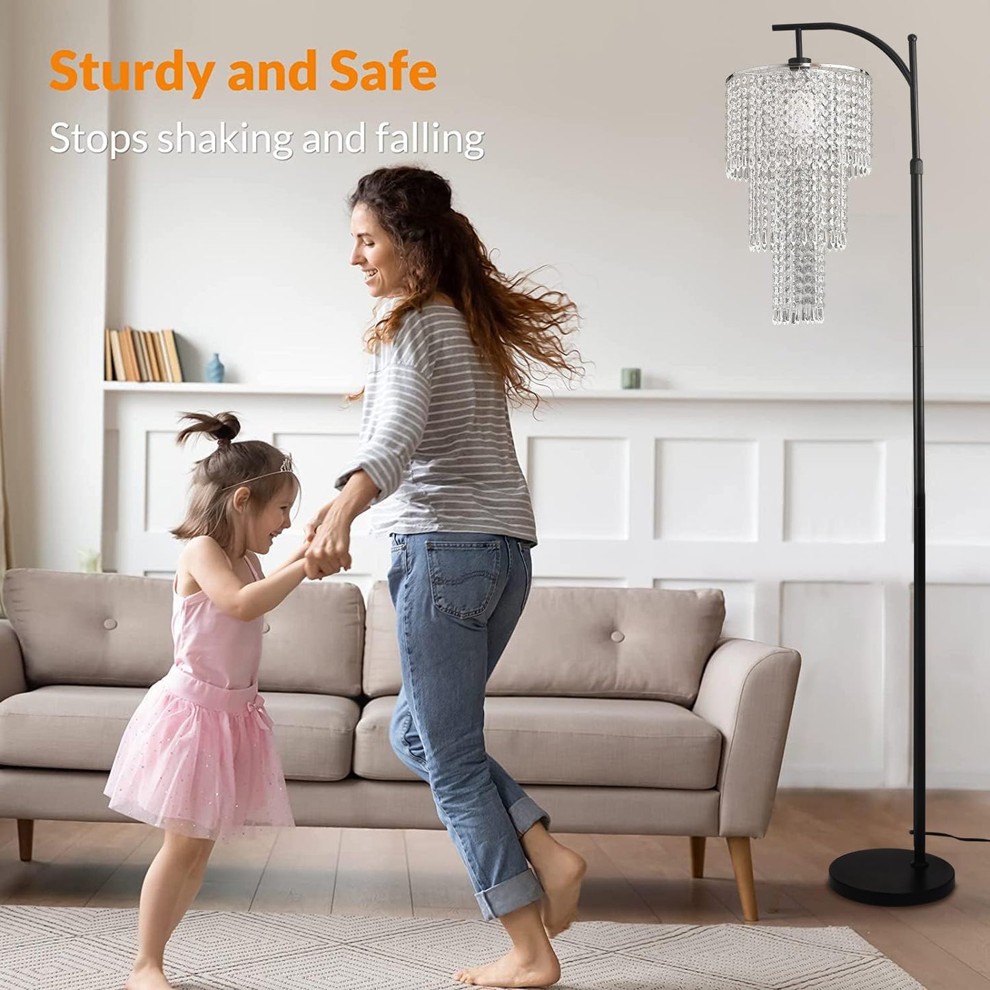Arc Floor Lamp for Living Room Modern Floor Lamp with Remote Control,Dimmable Crystal Floor Lamps Black Standing Lamp with 10 Color Temperature Tall Chandelier Floor Lamps for Bedroom Corner