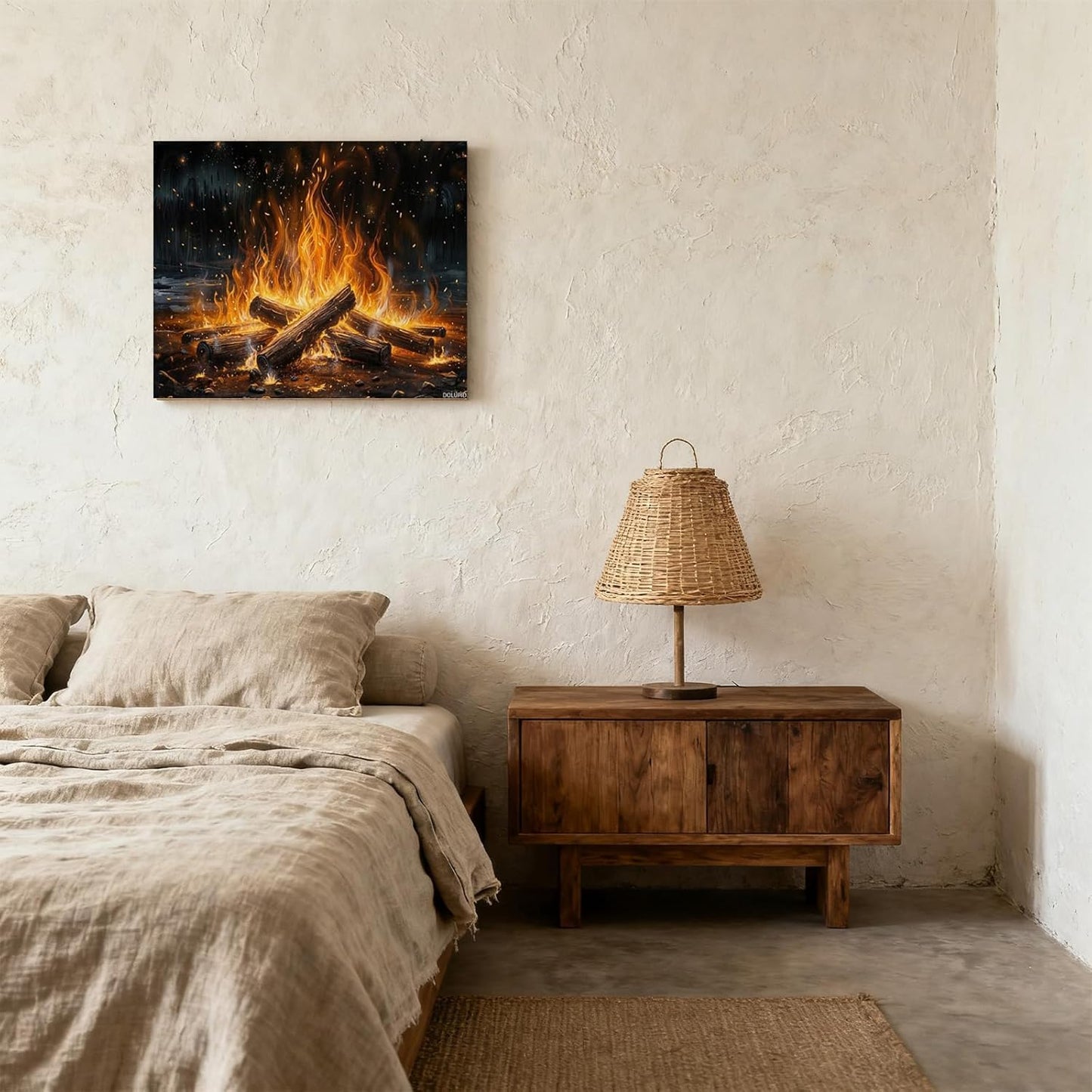 DOLUPID Campfire in The Forest Painted On Wall Art Camping Wall Decor Cabin Wall Art Canvas Art Posters for Room Aesthetic and Picture Living Room Decor 8x10inch 20x25cm with Frame