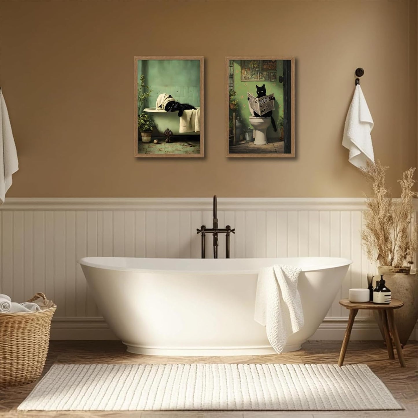 Framed 2Pcs Funny Green Bathroom Wall Art Cute Black Cat Painting Vintage Humor Ainimal Picture Prints Wall Decor with Wood Frame for Bathroom Ready to Hang 16x24 Inches