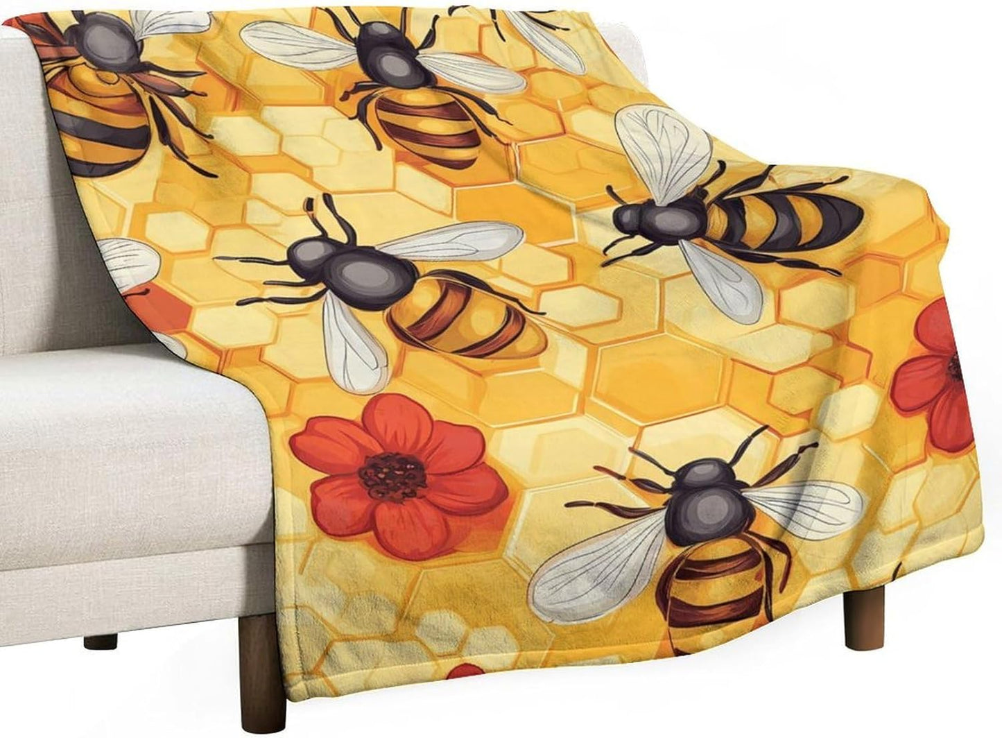 Bees Honeycomb Flowers Throw Blanket for Couch Bed Plush Cozy Fuzzy Flannel Blanket for All Season 60"x80"
