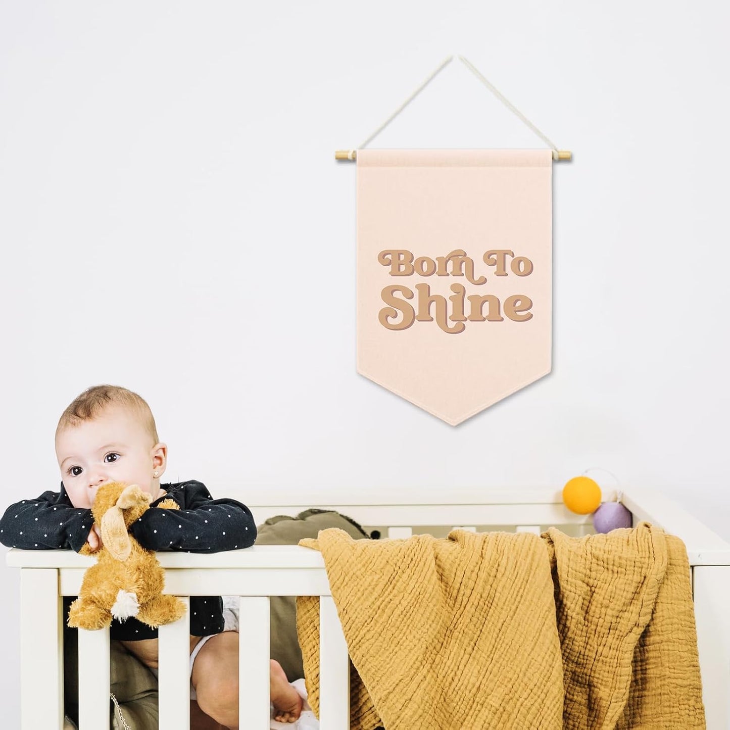 Pink Girls Banner Canvas, Inspirational Girly Kids Room Decor, Born to Shine Pennant Flag Sign Hanging, Nursery Boho Wall Art Gifts for Toddler Room Playroom Baby Shower Decor 11x15in