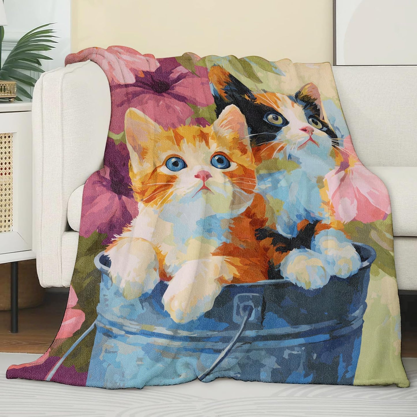 Floral Cat Flannel Blanket, Soft Cozy Throw with Flower Kitten, Lightweight Blankets for All Seasons, Colorful Oil Painting Home Sofa Bed Decor and Gifts for Women Kids Girls, 50x60 Inch