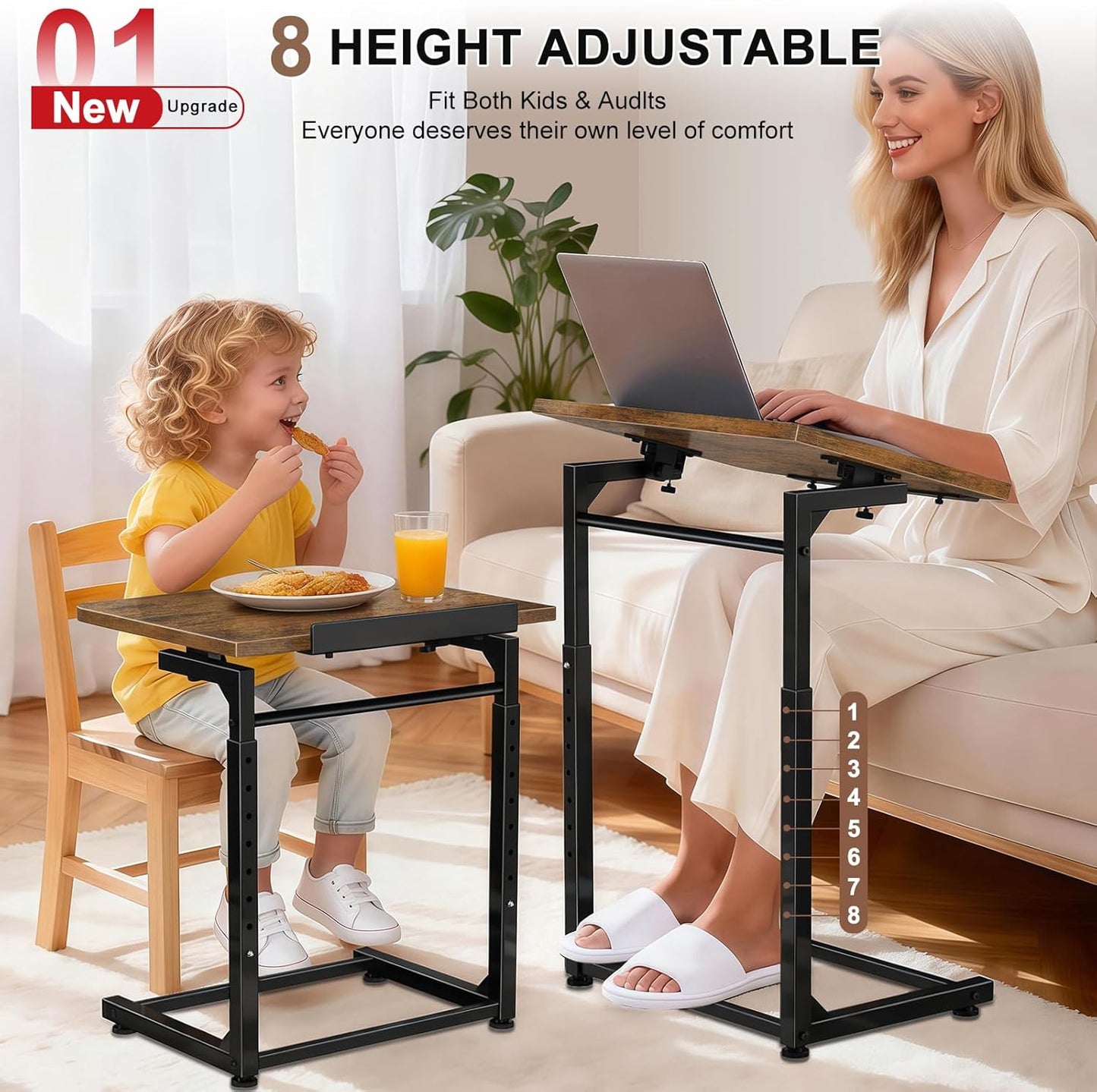 Tv Tray Table Set of 2, Living Room Table Sets 8-Level Adjustable Height Couch Side Table,90° Tilt Angle foldable End Table,Laptop Table with Phone & Tablet Slot Dinner Tray Desk for Recliner/Sofa/Bed