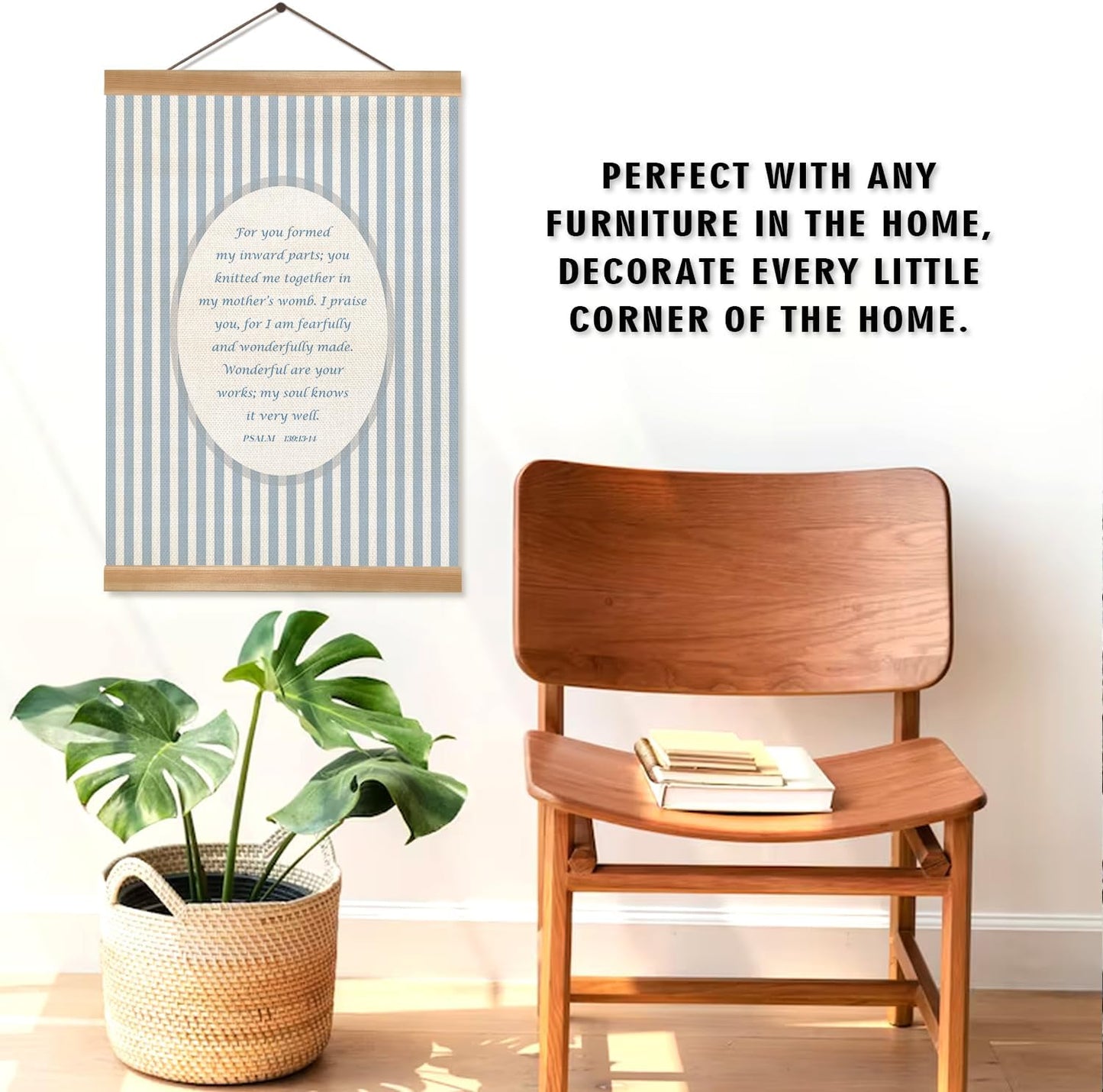 Blue Stripe Christian Wall Art Poster -God Is Within Her Bible Verse Wall Hanging Poster, Christian Inspirational Decor for Bedroom Office, or Faith-Based Gift for Women 12x16inch (Psalm 139:13-14 Blue)
