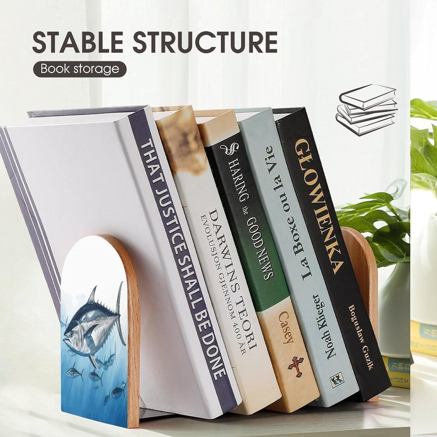 Bluefin Tuna Thunnus Bookends 1 Pair Heavy Duty Book Ends for Shelves Non-Skid Bookend Supports Wooden Book Holders with Metal Base Desk Organizers Books Storage to Hold Books