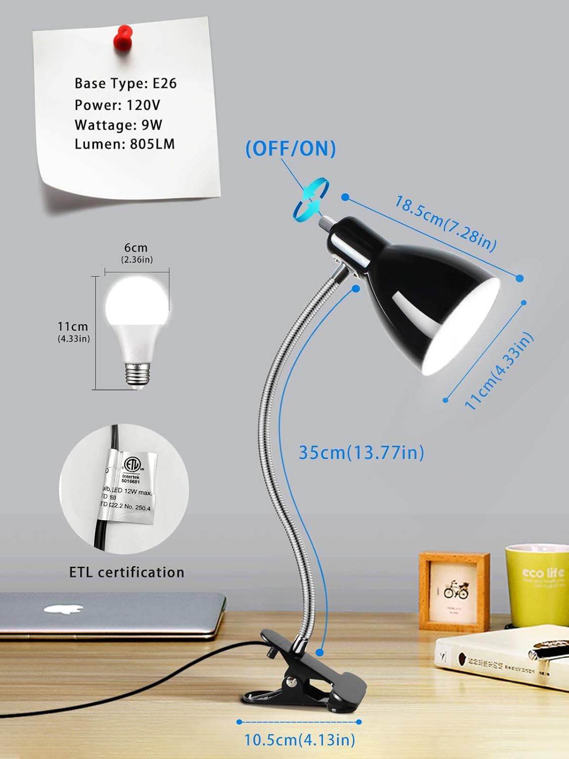 Desk lamp Eye-Caring Table Lamps, 360°Rotation Gooseneck Clip on Lamp Reading Light Portable Reading Book Light Clamp Study Desk Lamps for Bedroom and Office Home Lighting (Black)