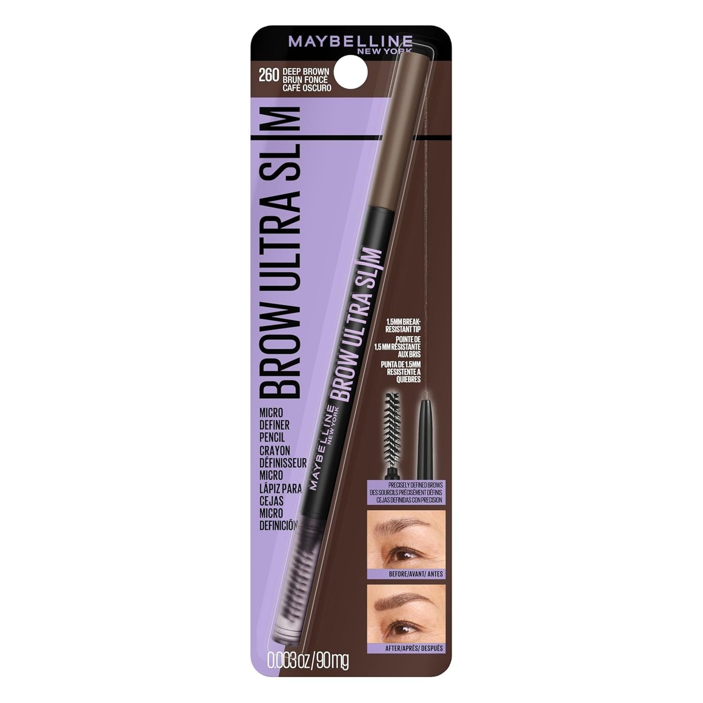Maybelline Express Brow Ultra Slim Eyebrow Makeup, Brow Pencil with Precision Tip and Spoolie for Defined Eyebrows, Deep Brown, 1 Count