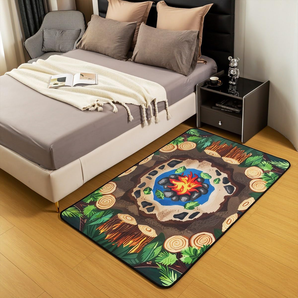 Erosebridal Campfire Area Rug 4'11" x 3'3" Tree Stump Rug for Teens Kids Fun Woodland Campsite Summer Happy Camping Carpet Cartoon Stones Green Tree Non Slip Living Room Rugs