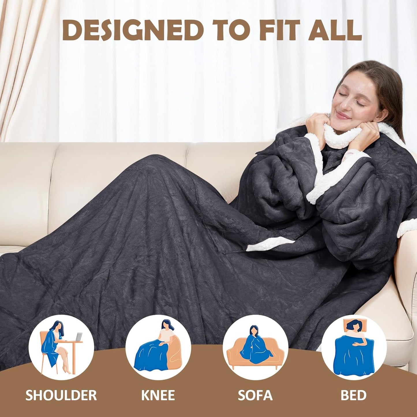HOW'S MY HOUSE Wearable Heated Blanket with Sleeves and Foot Pocket, 52"x72" Electric Blanket for 6 Heat Settings, 12-Hour Timer, Flannel & Sherpa, Charcoal