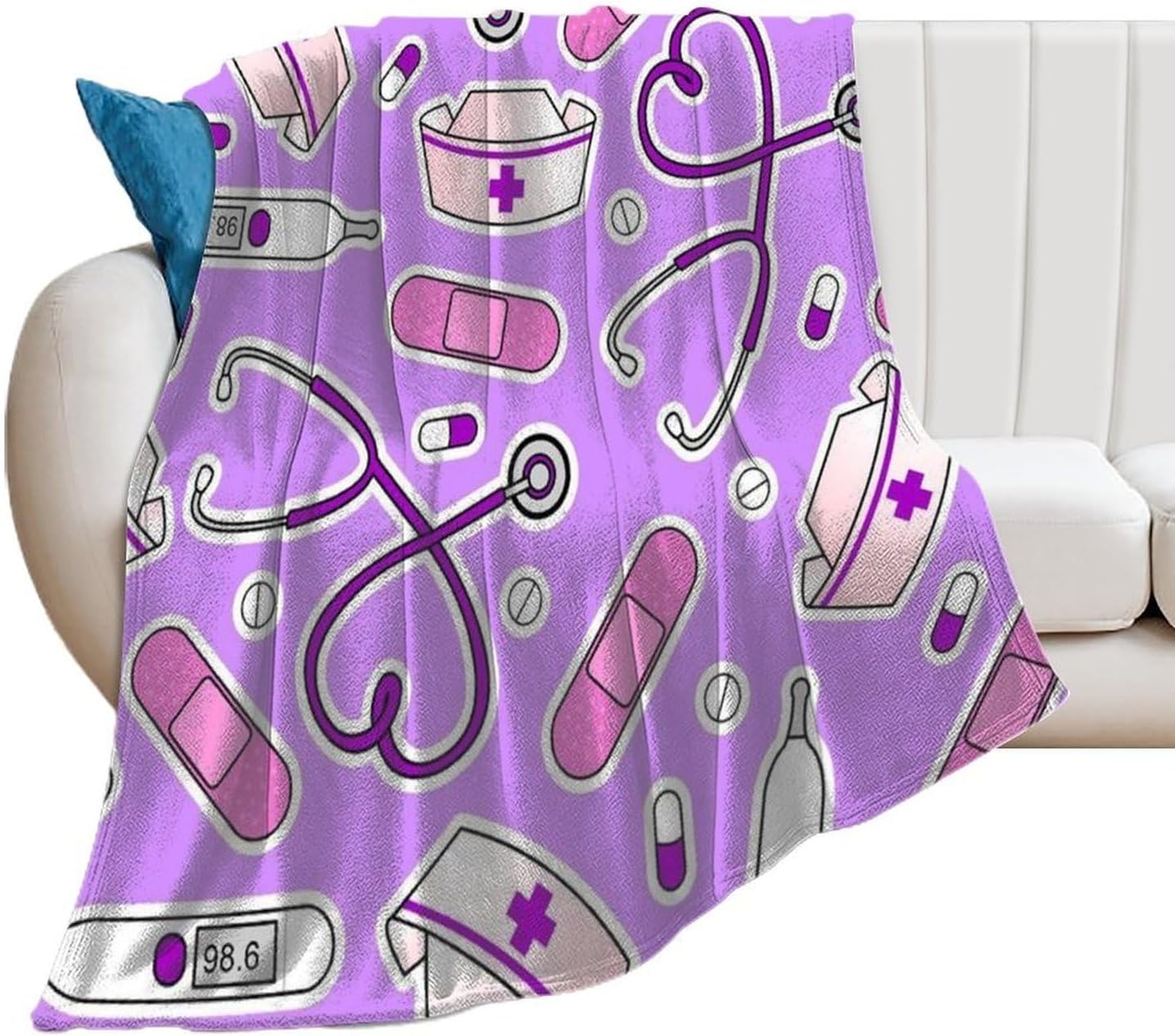 Nurse Pattern Purple Throw Blanket for Couch Super Soft Warm Lightweight Throw Blankets Cozy Flannel Bed Blanket Cute Decorative Blankets for All Seasons Home Decor Gift 50"*60"（130 * 150cm）