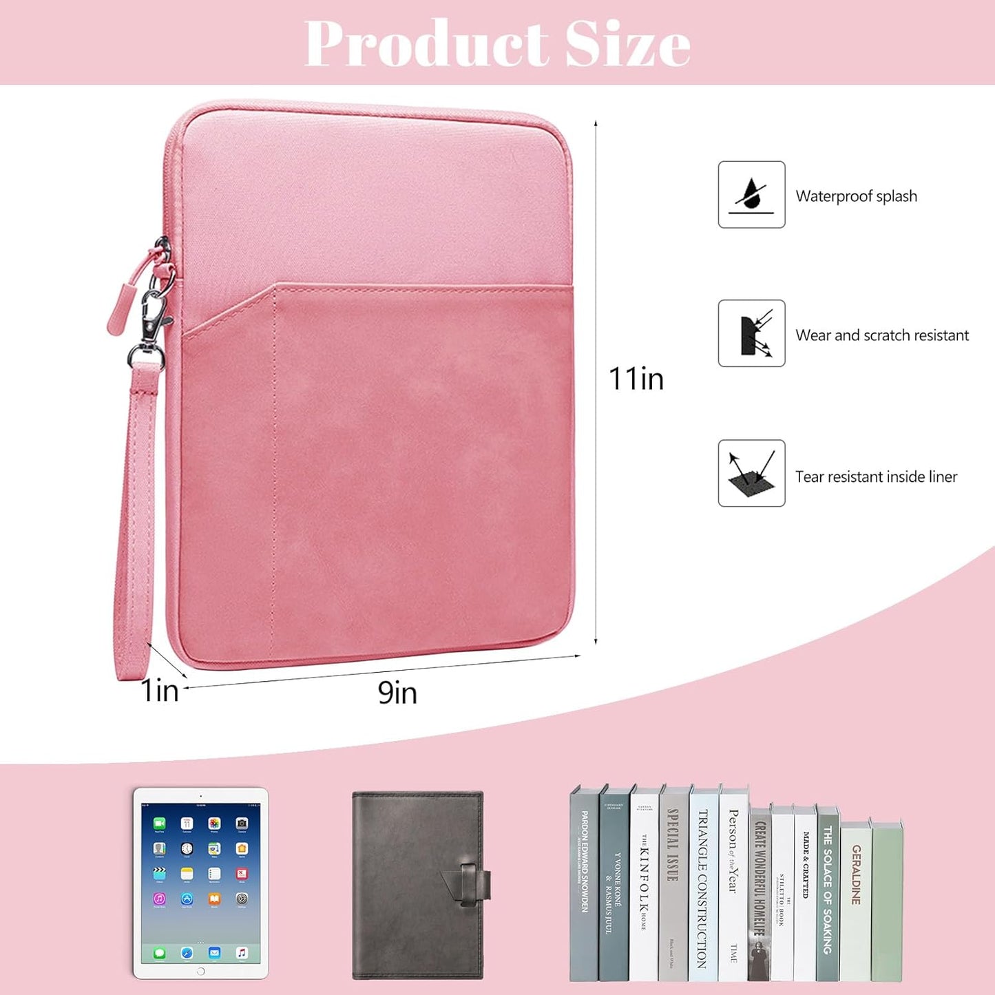 Book Sleeve with Zipper,9''x11''Book Sleeve Washable Book Protector Book Pouch Paperback HardBook Cover for Book Lovers Reading Accessories Gift (Pink)