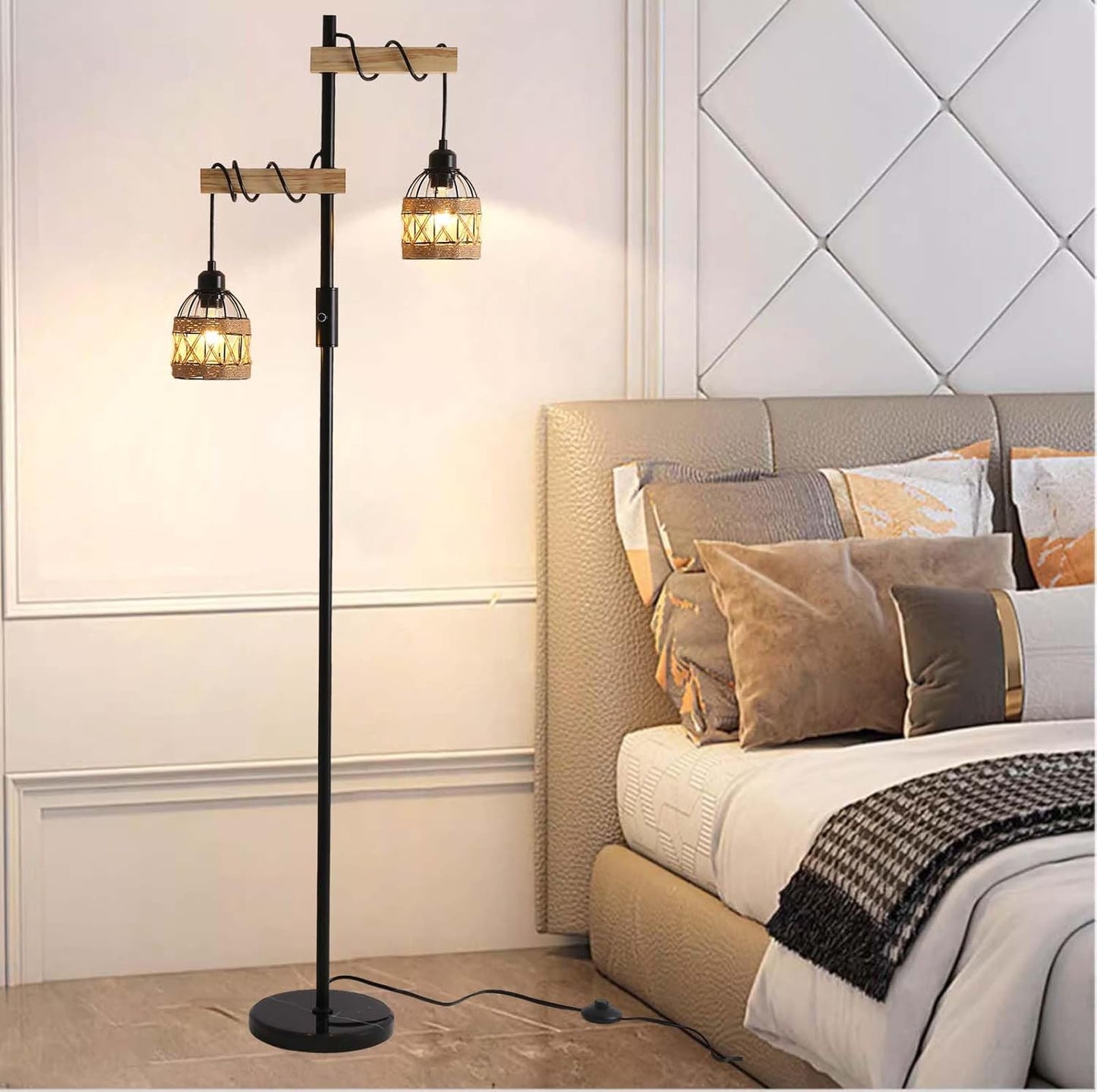 Dimmable Floor Lamp,Industrial Rustic Farmhouse Floor Lamp for Living Room Bedroom Office(Black)