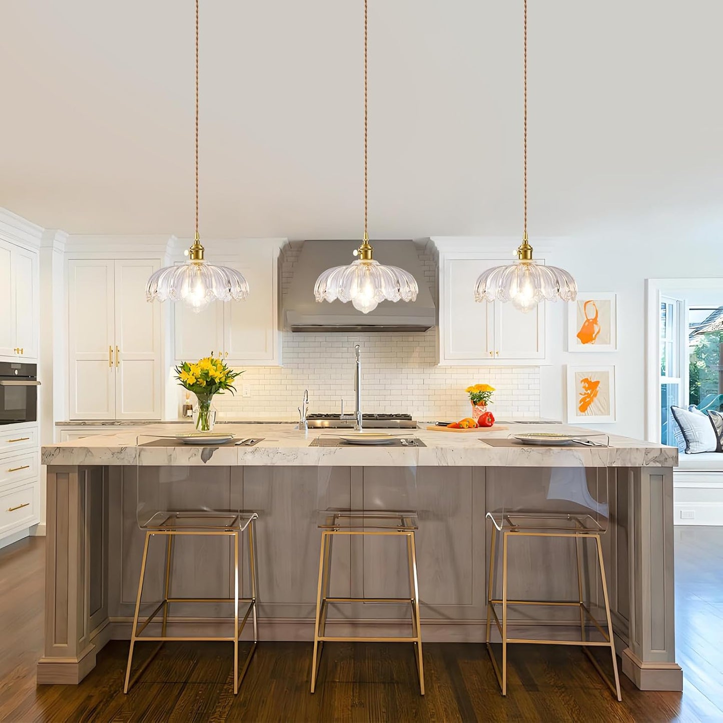 Plug in Pendant Light, Hanging Lights with Plug in Cord, Hanging Light Fixture with Green Glass, E26 Pendant Lighting for Kitchen Island, Bedroom, Dining Room-Clear