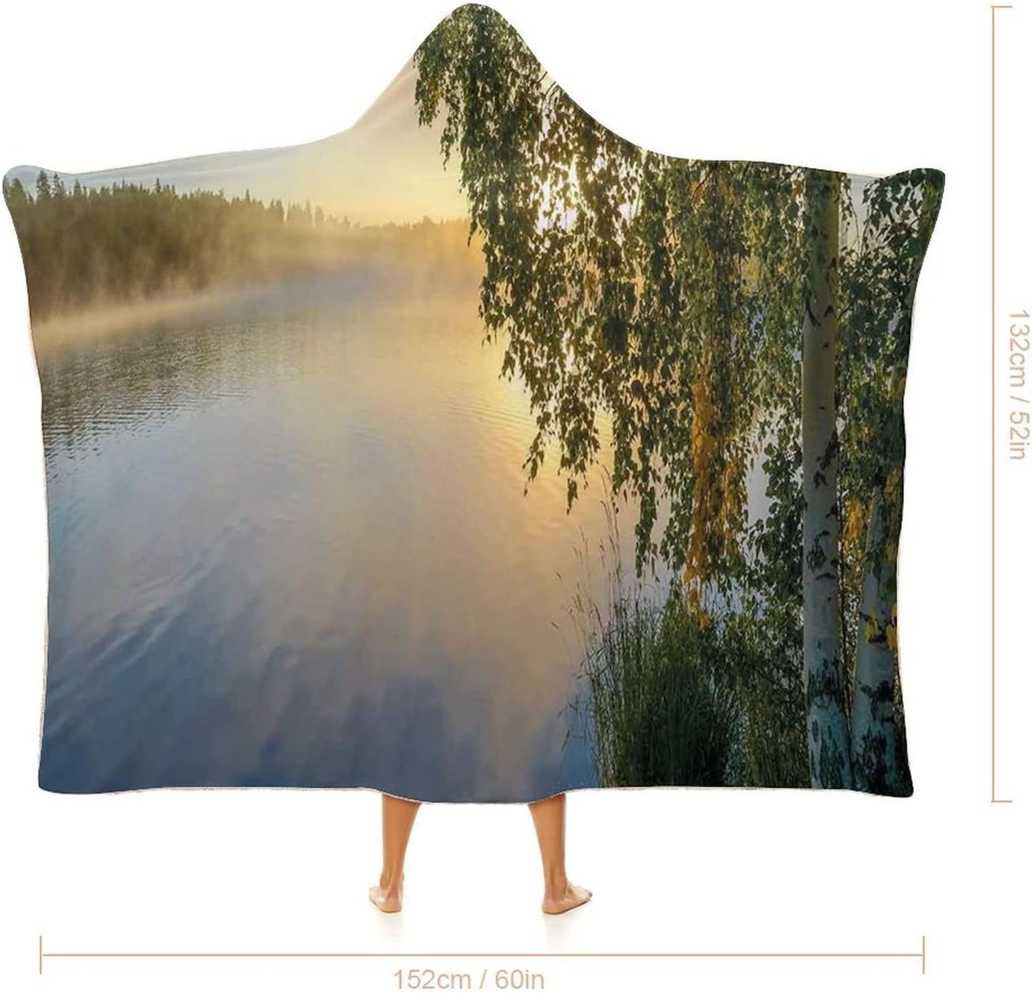 Throw Blankets, Nature Wearable Hooded Blanket for Adults, Sunny Day by Misty Lake with Tree Summer, Soft Warm Cozy, 60 x 80inches, Studying Reading Snuggling Napping Office, Fern Green Light Blue