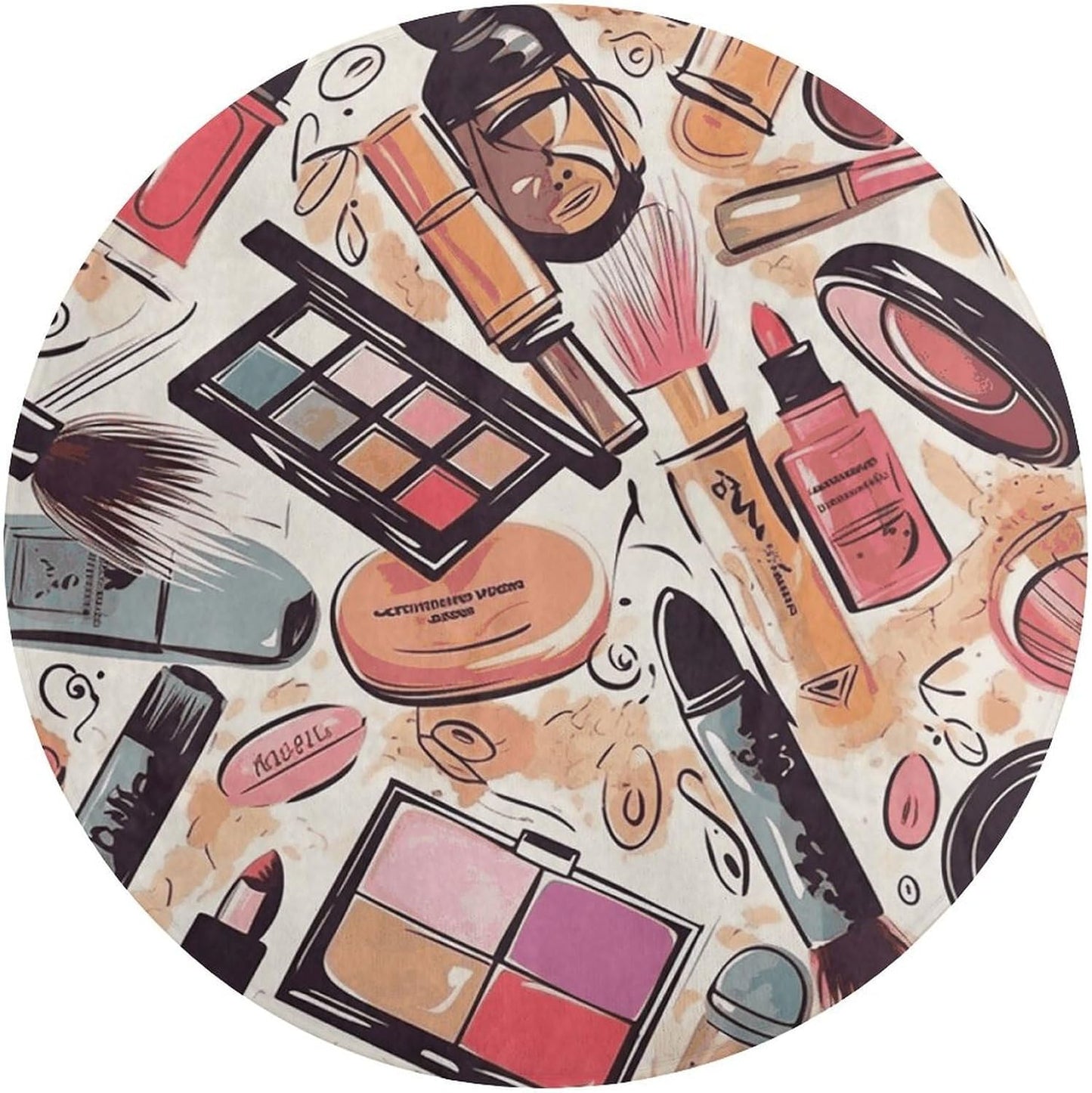 Cosmetic and Makeup Theme Pattern Circle Rug Retro Luxury Coral Velvet Floor Mat Non Slip Soft Indoor Floor Carpet Comfy Thickened Area Rugs Modern Aesthetic Minimalist Carpets for Home Decor