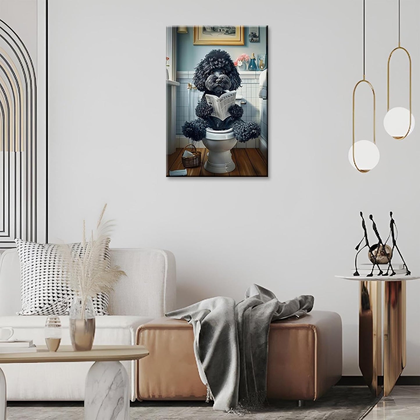 Whimsical Bathroom Canvas Wall Art Cute Black Teddy Dog On Toilet Reading Newspaper Posters Funny Humor Animal Aesthetic Painting For Home Apartment Restroom Wall Decor 12x16in Unframed