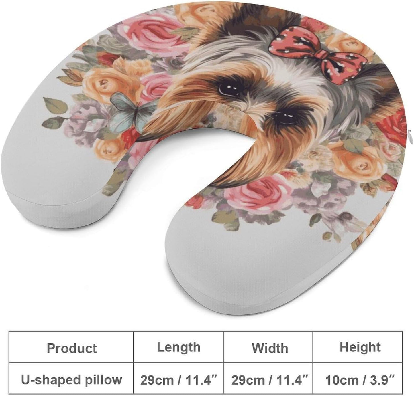 Yorkie Floral Neck Pillow Memory Foam U Shaped Pillows Portable Pillows for Shoulder Travel Head Support Pillow with Concealed Zipper for Airplane Car Home Office
