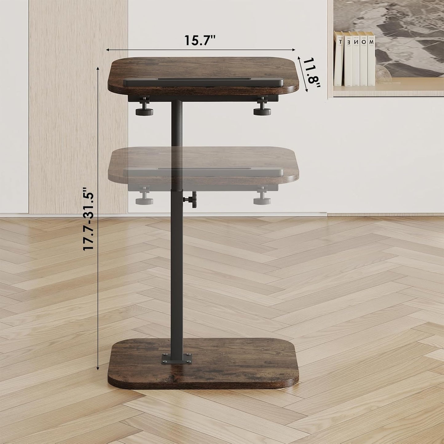 Side Table Sofa Tv Tray Height Adjustable C Shaped End Table 360° Swivel Overbed Living Room Couch Table, Rustic Brown