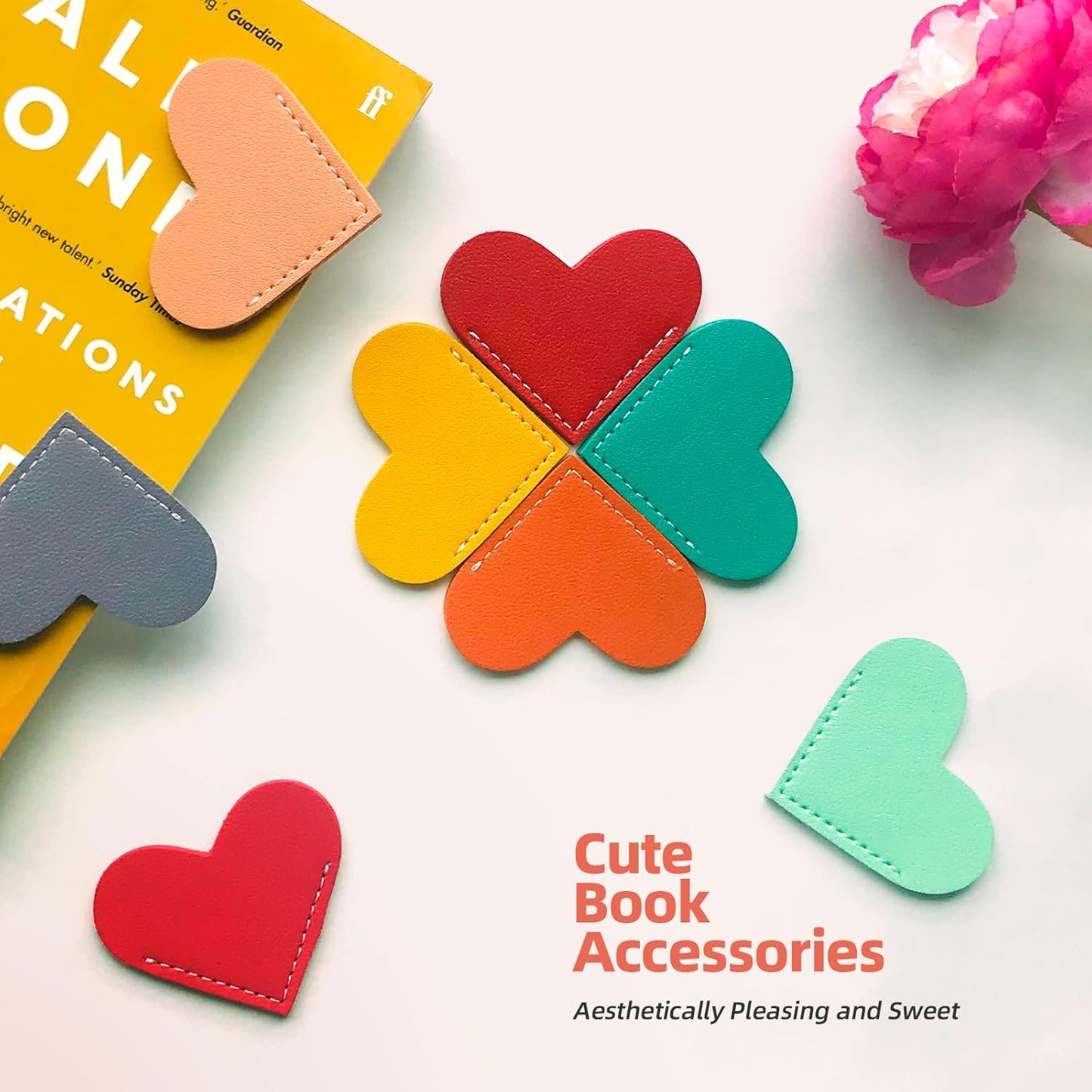 Leather Heart Bookmarks, Cute Handmade Page Corner Book Markers, Reading Gifts for Women, Lovers, Kids, Teachers, Friends, Readers, Book Accessories for School Office Home Supplies (8PC-Bright)