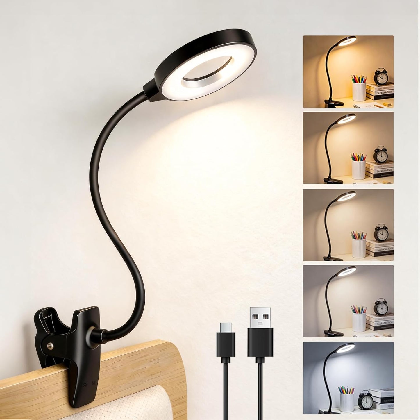 Clip on Reading Light for Bed Headboard, Rechargeable Battery with Large Clamp, 5 Colors & 5 Brightness Flexible Neck Desk Lamp, Eye Protection LED Touch Control Book Light for Kids, Bunk Bed, (Black)