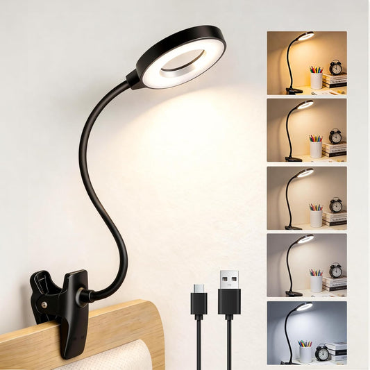 Clip on Reading Light for Bed Headboard, Rechargeable Battery with Large Clamp, 5 Colors & 5 Brightness Flexible Neck Desk Lamp, Eye Protection LED Touch Control Book Light for Kids, Bunk Bed, (Black)