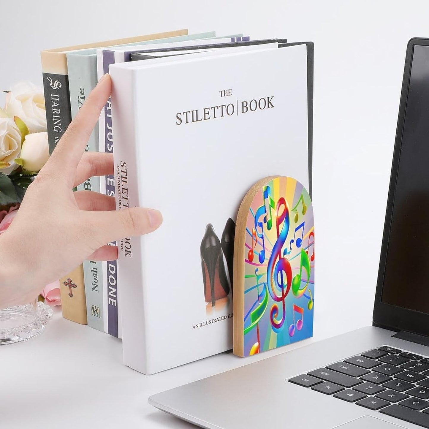 Colorful Music Bookends 1 Pair Heavy Duty Book Ends for Shelves Non-Skid Bookend Supports Wooden Book Holders with Metal Base Desk Organizers Books Storage to Hold Books