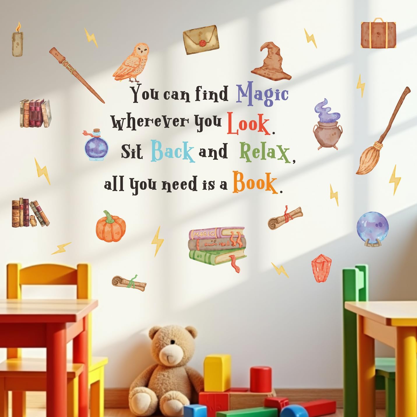 Magic Reading Book Wall Decal, You Can Find Magic Education Inspirational Quote Vinyl Wall Stickers, Removable Watercolor Reading Artwork for Kindergarten Classroom Llibrary Playroom Decor