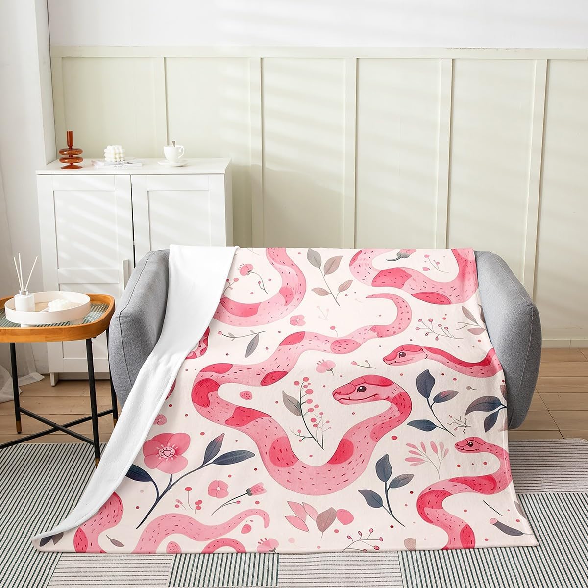 Pink Snake Throw Blanket Watercolor Pink Gray Flowers Decor Bed Blanket for Kids Teens Adults Cute Cartoon Wild Snake Animal Decor Flannel Blanket for Bedroom Throw 50x60