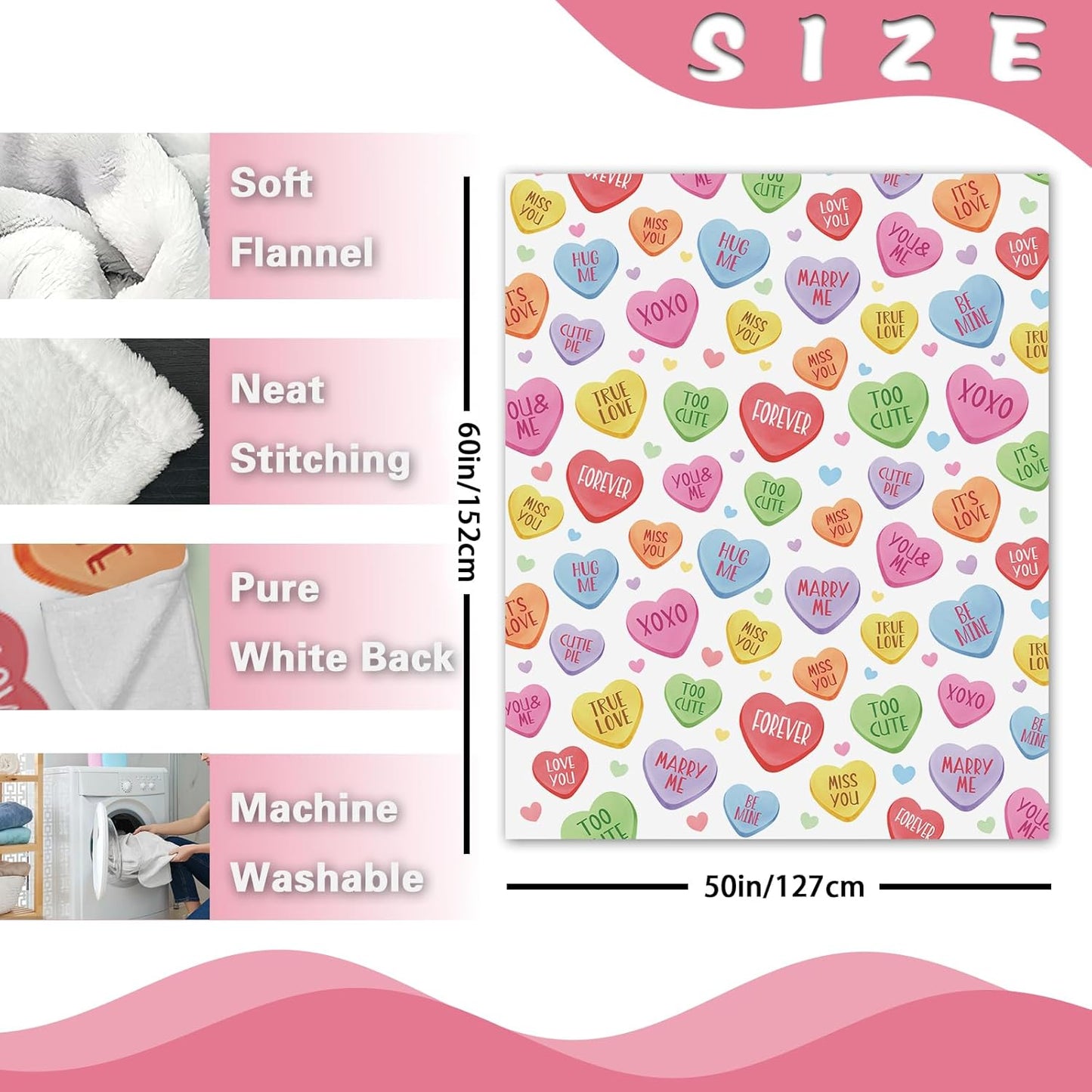 Valentines Day Flannel Throw Blanket, Colorful Love Hearts Anniversary Birthday Gifts for Women Kids Lover Couples, Cute Romantic Words Soft Blankets for Classroom School Bedding Sofa 50" x 60"