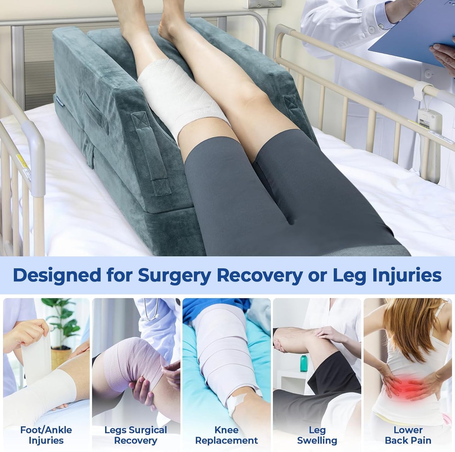 KingPavonini 4-Height Adjustable Leg Elevation Pillows for After Surgery with Ergonomic Curve, Memory Foam Leg Support Pillow for Legs, Back Pain Relief, Wedge Pillow for Sleeping, Rest (Double Leg)