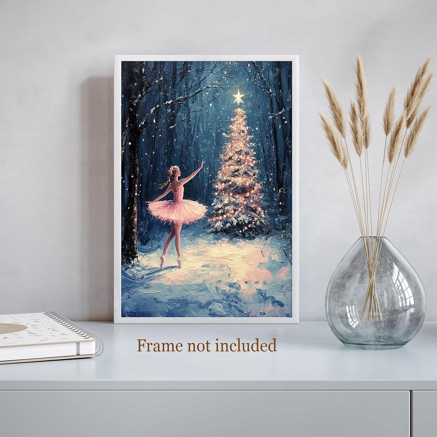 Vintage Pink Ballet Christmas Tree Wall Art Retro Lighted Winter Pine Botanical Aesthetic Picture Prints Rustic Scene Winter Room Wall Decor Canvas Posters Farmhouse Holiday Decor16x24in Unframed