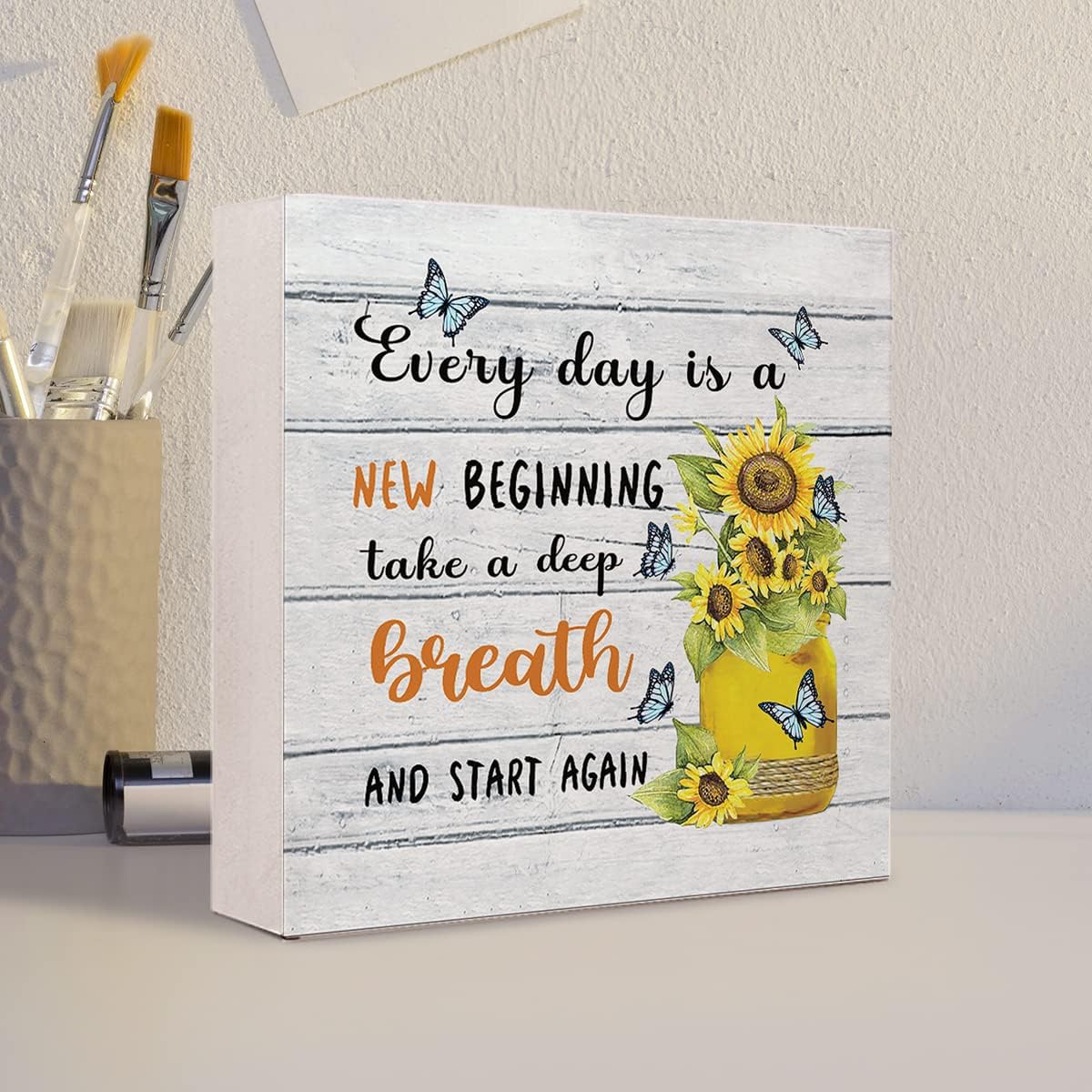 Everyday Is A New Beginning Farmhouse Sunflowers Wooden Sign Desk Decor, Inspirational Wood Block Signs for Home, Bedroom, Office