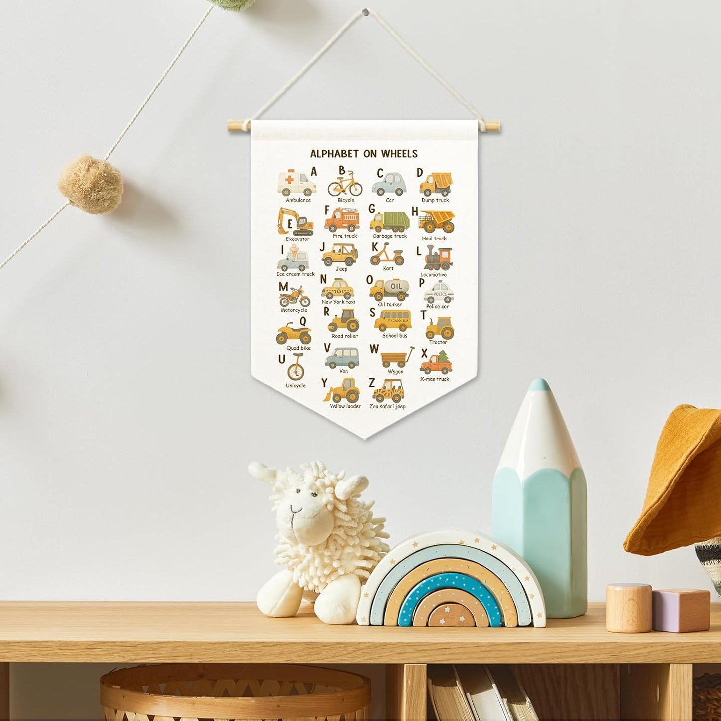 Classroom Car Alpahbet Kids Boys Room Decor, Nursery Cute Traffic Banner Canvas, Abc Educational Wall Hanging Frame Decor Art Pennant Flag for Playroom Toddler Room Preschool Dorm 11x15in