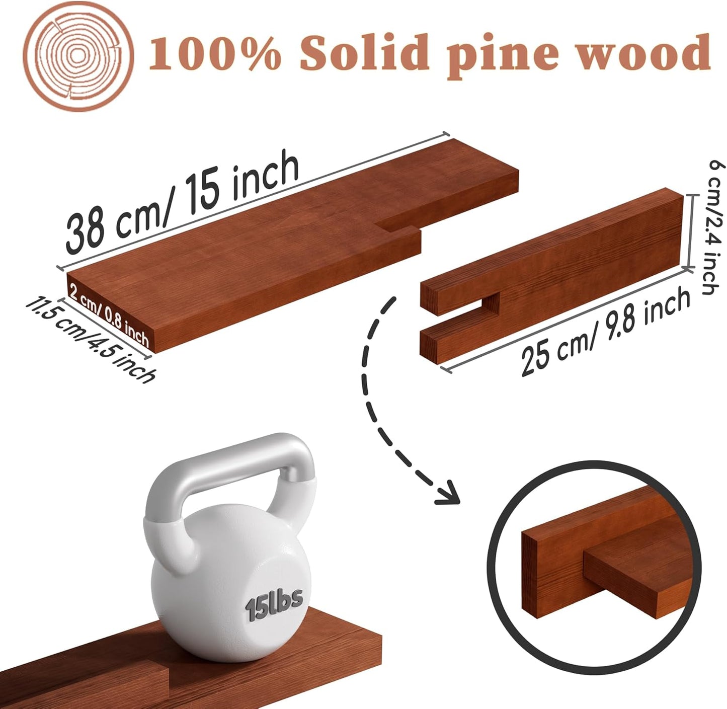 Solid Pine Floating Wall Shelf, Minimalist Wooden Display Shelf with Front Guard Lip, Vinyl Wall Mount, Vinyl Shelf for Records, Books, Plants & Home Decor Rustic Brown